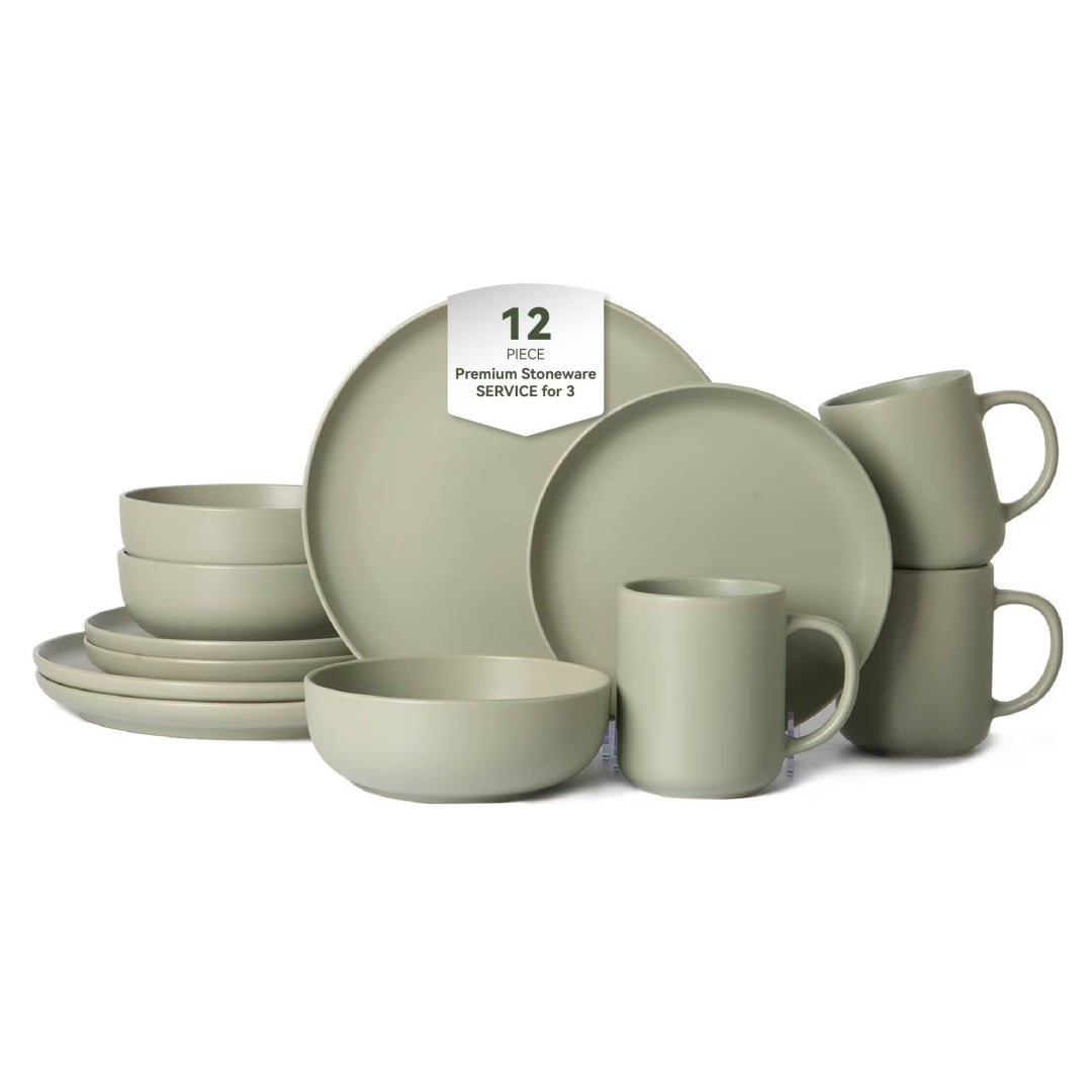 12-Piece Stoneware Dinnerware Set with Mugs – Microwave & Dishwasher Safe (Service for 3)