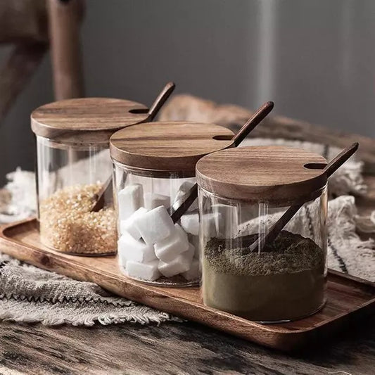 Glass Seasoning Jars with Wooden Lids & Spoons – Set of 3