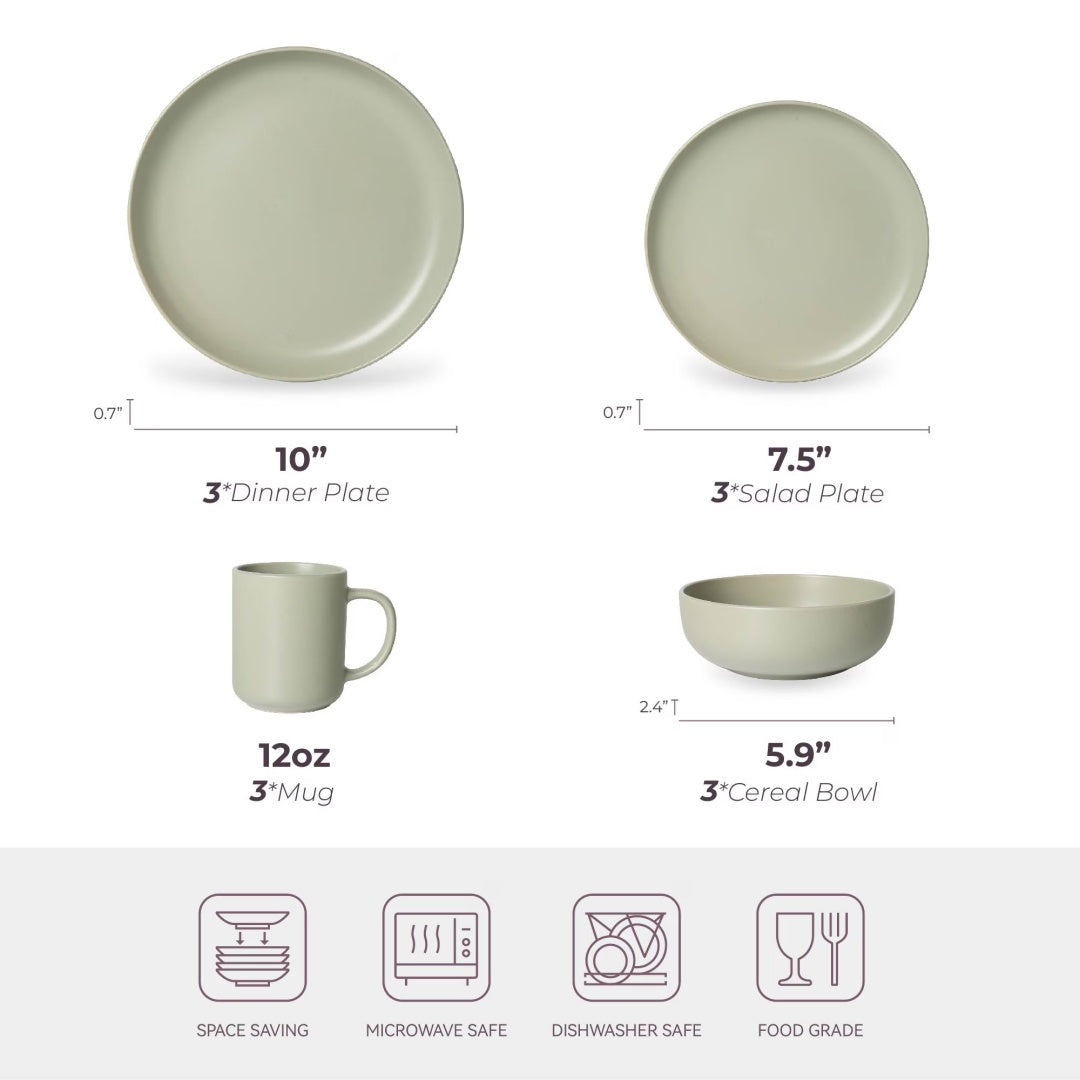 12-Piece Stoneware Dinnerware Set with Mugs – Microwave & Dishwasher Safe (Service for 3)