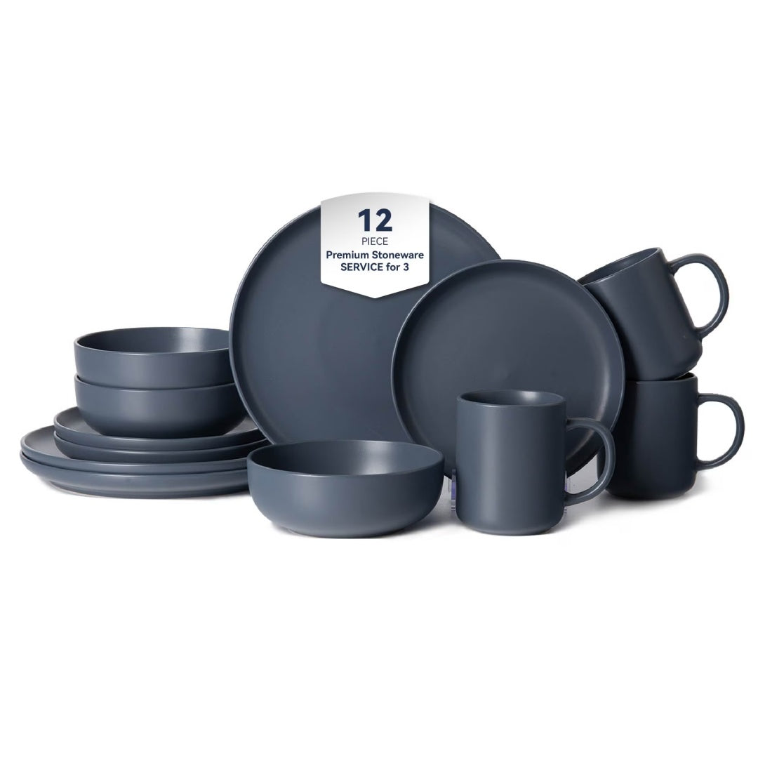 12-Piece Stoneware Dinnerware Set with Mugs – Microwave & Dishwasher Safe (Service for 3)